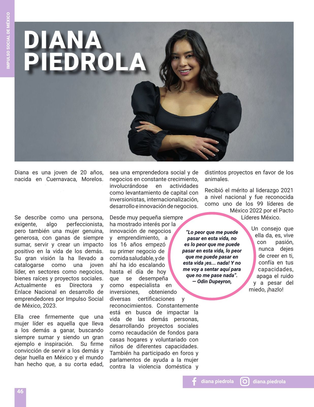 Perfil de Diana Piedrola en la revista Mujeres que Inspiran